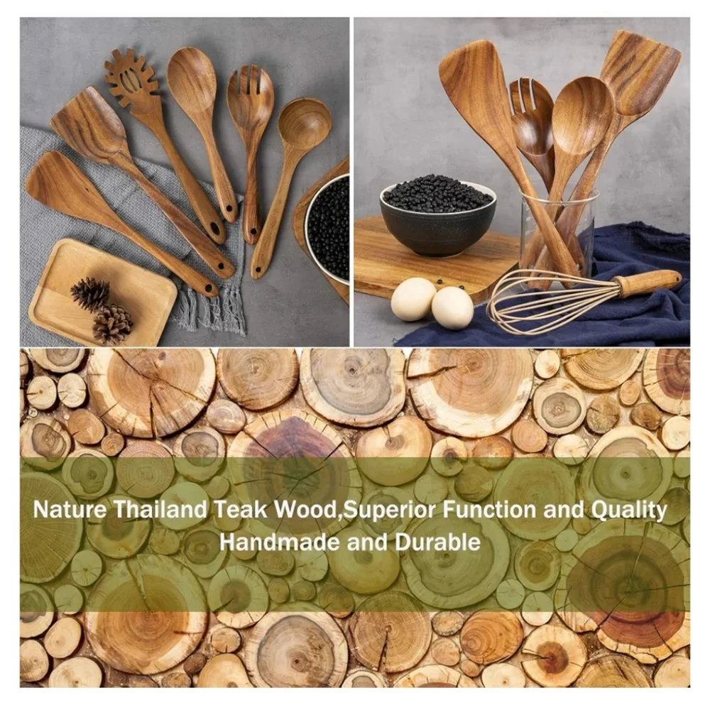 10 Pack Wooden Spoons for Cooking Teak Wood Kitchen Utensils Set Natural Boho